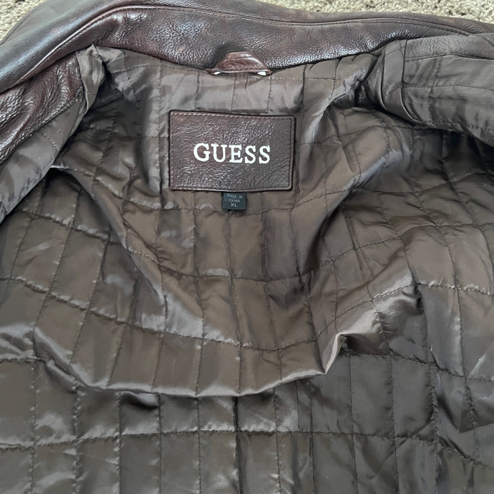 GUESS Brown Leather Jacket | Men’s XL | Classic Zip Front - Picture 2 of 6
